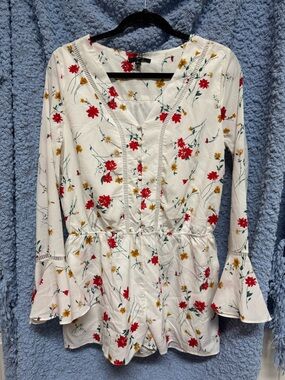Very J White Floral Romper with Red and Yellow Blooms